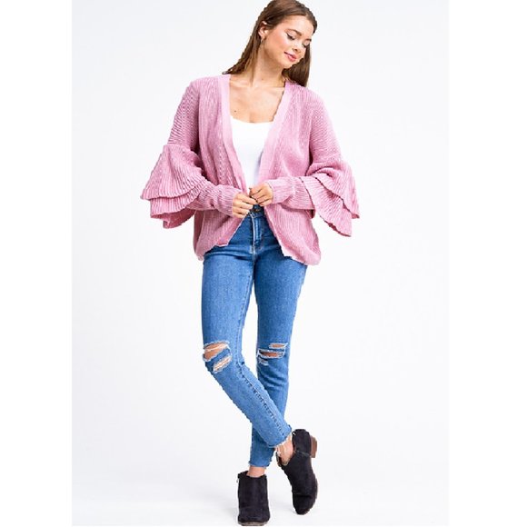 NWT Pink Knit Long Tiered Sleeve Cardigan, Large - Picture 2 of 5